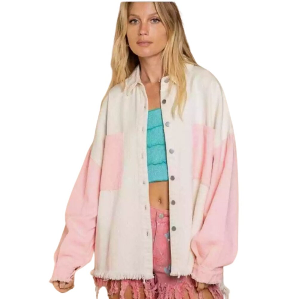 103 Live $25. Start POL Cream & Pink Colorblock Denim Shacket  Oversized Small ✨